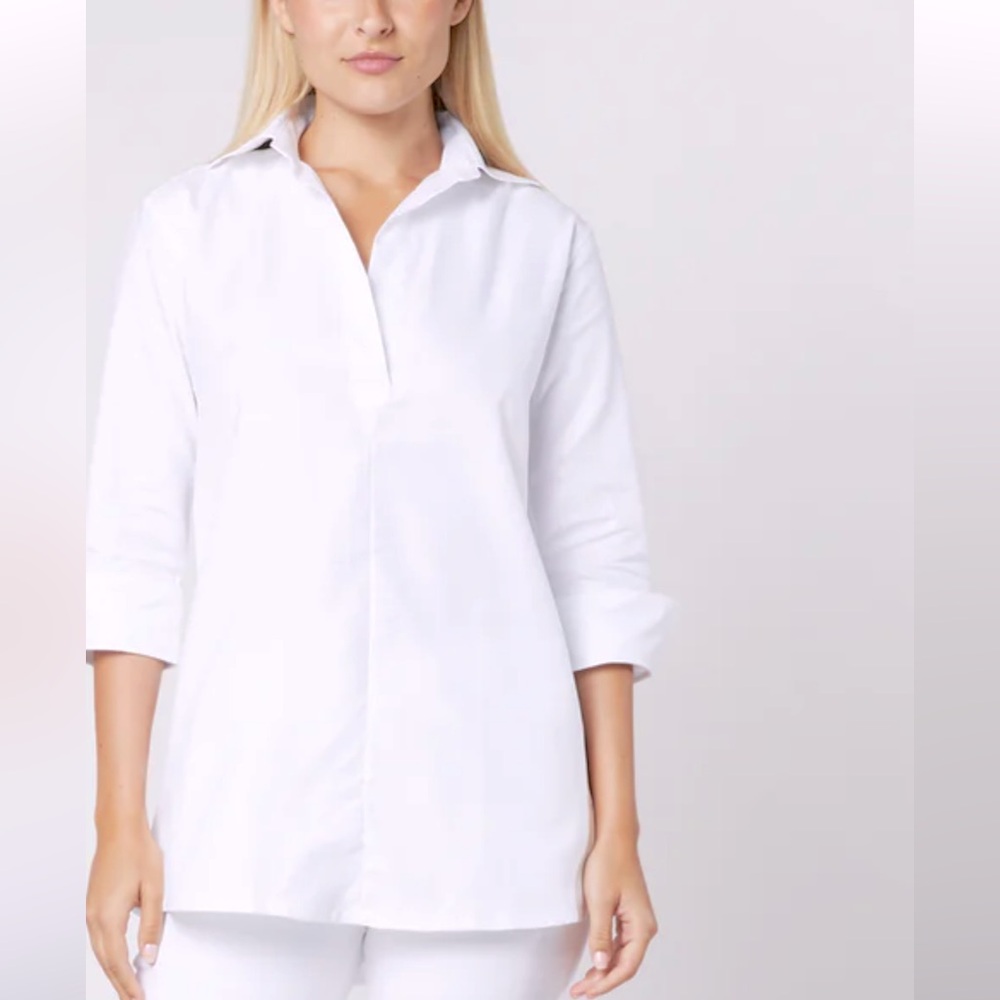 Ann Mashburn White Roxford Tunic 3/4 Sleeve Open Collar Shirt.Woman’s Size Large